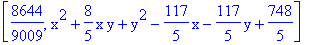 [8644/9009, x^2+8/5*x*y+y^2-117/5*x-117/5*y+748/5]